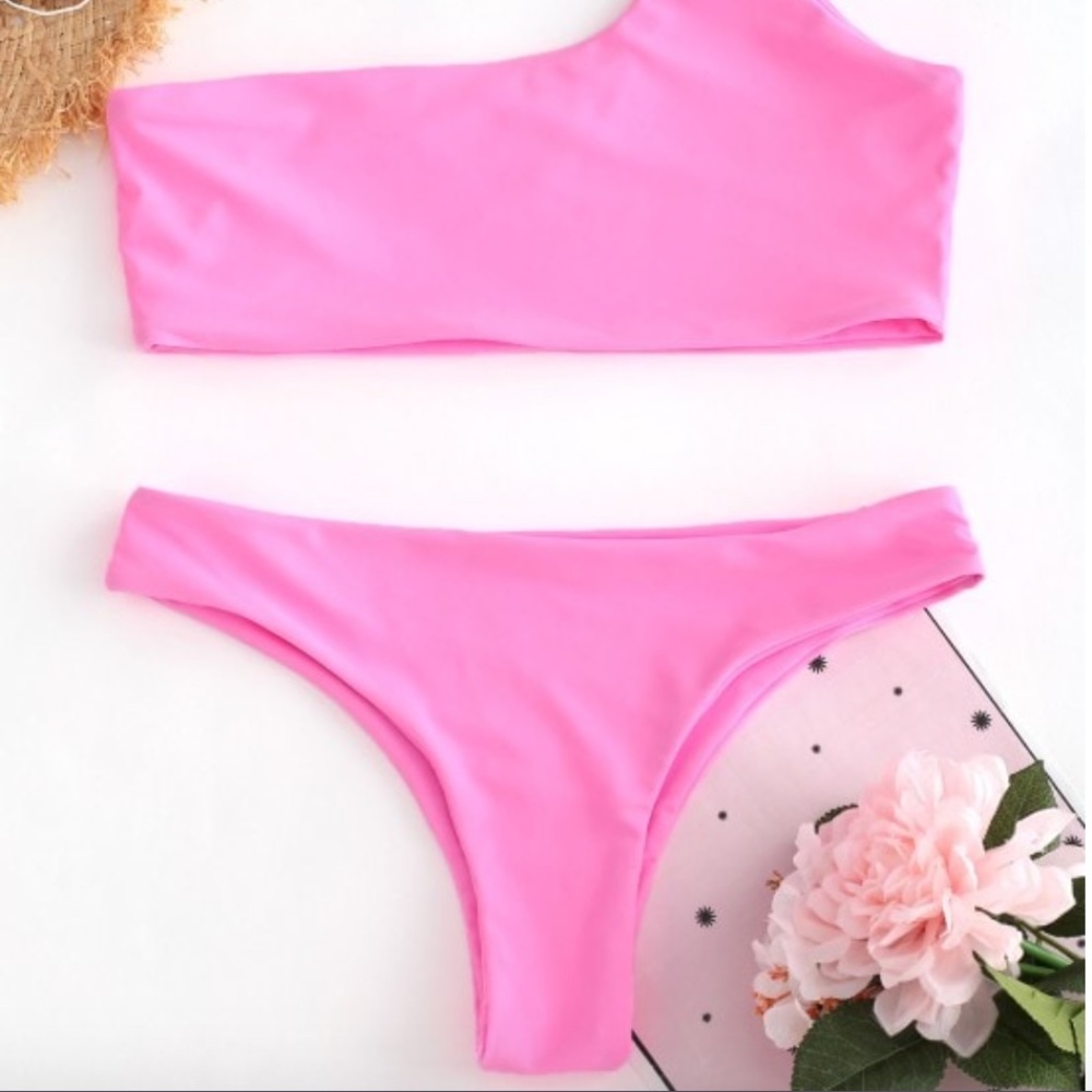 Unlined One Shoulder Bikini Set - Hot Pink S - Picture 3 of 8